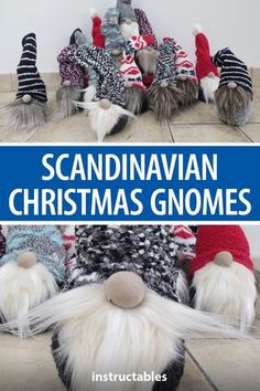 an image of scandinavian christmas gnomes on the floor with text overlay that reads scandinavian christmas gnomes