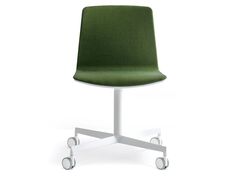 an office chair with wheels on the back and green upholstered seat, viewed from the front