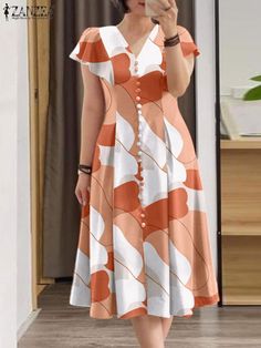 ZANZEA Summer Fashion Printed Dress Woman Short Sleeve V-Neck Robe Casual Holiday Sundress Female Holiday Sundress, Dresses Elegant Short, 2024 Wardrobe, Bohemian Print Dress, Midi Dress Elegant, Summer Prints Fashion, Dress Woman, Vintage Short, Frock Design