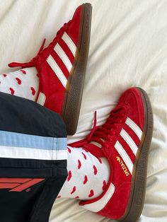 Dress to Impress: The Red adidas Spezial for a Confident Look Adidas Samba Aesthetic, Samba Aesthetic, Heart Socks, Dr Shoes, Skandinavian Fashion, Funky Shoes, Paris Mode, Fancy Shoes