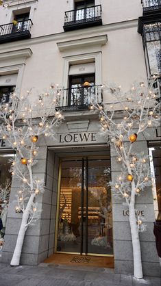 the entrance to loewe is decorated with white trees and lights