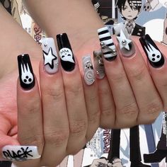 Make And Soul Soul Eater, X On Nails, Black Star Soul Eater Nails, Soul Eater Acrylic Nails, Soul Eater Inspired Nails, Nail Sets Ideas, Cute Grunge Nails