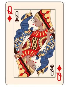 a playing card with two women in red, white and blue outfits holding hands up to each other