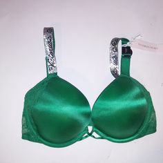 Victoria Secret Bra 32d Bombshell Push Up Green Shine Strap Logo Rhinestone Adds 2 Cup Sizes Very Sexy Lace Trim Underwire New With Tags *Bundle To Save Chavonne11 080224 32d Bra, Cup Sizes, Victoria Secret Bras, Book Decor, Victoria Secret, Women's Intimates, Push Up, Lace Trim, Victoria's Secret