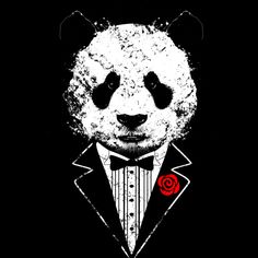 a panda in a tuxedo with a red rose