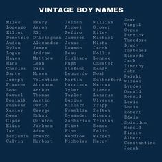 the names of vintage boy names on a dark blue background with white letters and numbers