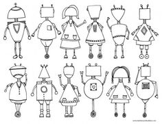 an image of cartoon characters drawn in black and white with different shapes, sizes and colors