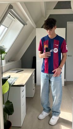 #barcelona #football #outfits #outfits Jersey Outfits Men Football, Soccer Jersey Outfit Men’s, Guy Outfits Streetwear, Soccer Jersey Fits Men, Aesthetic Jersey Outfit, Outfit With Jersey Football, How To Style A Soccer Jersey, Barcelona Shirt Outfits, Football Shirts Outfit