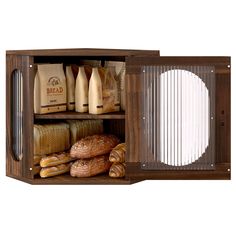 an open cabinet with bread, milk and other items in it on a white background