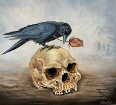 a painting of a crow sitting on top of a human skull