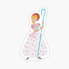 a sticker with an image of a woman in a pink dress holding a broom