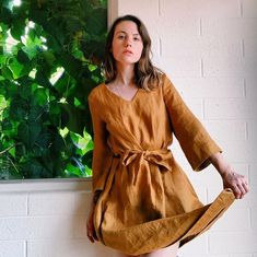 "Adorable linen wrap dress, made in vintage style with wide belt, two side pockets, and midi length. Dijon mustard color is absolutely stunning, it suits this dress just so right. However, I am sure, this dress will wear each color as beautifully as the one in the picture. Sleeves are 3/4 length and are rolled up in the ends. Deep V neckline made this dress even more feminine and girly. I am sure you will catch everybody's attention just wearing it for some special event of yours. Stonewashed li Linen Wedding Dress, Linen Wrap Dress, Kimono Wrap Dress, Linen Kimono, Deep Autumn, Kaftan Maxi Dress, Vintage Autumn, Linen Collection, Kimono Wrap