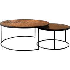 two tables with metal bases and cork tops