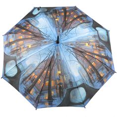 an upside down umbrella with images of buildings and people in the rain at night, on a white background