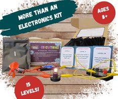 the electronics kit is being displayed on a wooden table with text overlays that reads more than an electronics kit