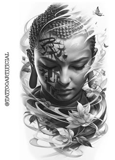 a black and white drawing of a buddha with flowers in her hair, surrounded by butterflies