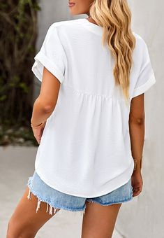 The EMES SHOP blouse is detailed with a fabulous ruched back design. Features solid color. v neck line. short sleeves. and loose fit. Pair it with distressed jeans and sneakers for an easygoing look.MATERIAL:100% PolyesterMEASUREMENTS: Product Length 25.5"-27"in 4-6-Small | Waist: 25"-26.5"in | Chest: 33"-34.5"in 6-8-Medium | Waist: 26.5"-28"in | Chest: 34.5"-36"in 8-10-Large | Waist: 28"-29.5"in | Chest: 36"-37.5"in 10-12-X-Large | Waist: 29.5"-31"in | Chest: 37.5"-39"in MEASUREMENTS: Product L Casual V-neck Blouse With Rolled Sleeves, Casual V-neck Blouse For Gatherings, Casual V-neck Blouse, V-neck Short Sleeve Top For Summer, Everyday V-neck Short Sleeve Top For Summer, Casual Relaxed Fit Short Sleeve Top For Spring, Summer V-neck Blouse With Rolled Sleeves, Casual Summer Short Sleeve Top, Spring V-neck Blouse With Rolled Sleeves