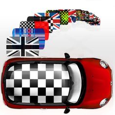 a red car with the british flag on it's hood is shown from above