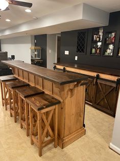 a bar with four stools in a room