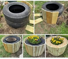 four different pictures of an old tire turned into a planter with flowers in it