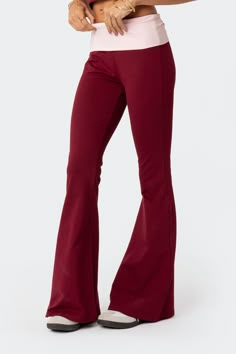 Contrast Fold Over Flared Leggings – edikted Cloth Flare Pants, Burgandy Flare Leggings, Cheap Fitted Mid-rise Flares, Cheap Stretch Full Length Flares, Cheap Chic Mid-rise Flares, Affordable Mid-rise Chic Flares, Cheap Fitted Flare Leggings, Cheap Flared Hem Pants For Fall, Arie Flare Pants