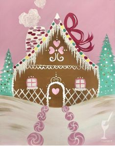 a painting of a gingerbread house with hearts on the roof and trees in the background