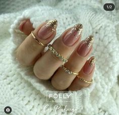 Simple Nails For Quinceanera, Gold Glitter Ombre Nails Almond, Gold Prom Nails Short, Gold Sparkle Tip Nails, New Years Nails Natural, Bride Nails Wedding Elegant Gold, Gold Ombre Nails Glitter, Christmas Engagement Nails, Gold Nails For Prom