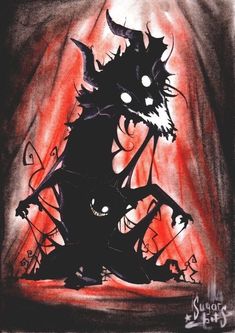 a drawing of a black cat sitting in front of a red light