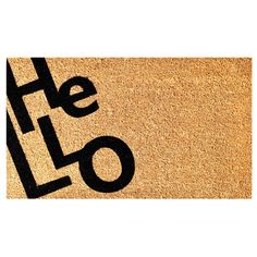 a door mat with the word hello written in black ink on it, next to a white background