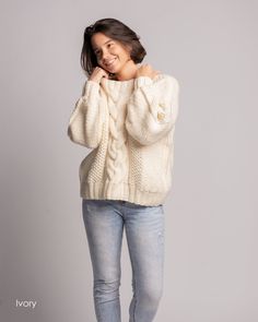 "XS to 2XL / 17 colors available / Super soft and warm this sweater will be your best friend during the cold months. The non-itchy yarn is perfect for sensitive skin. Hand knitted with lots of love! Measurements: XS (US 0-2; UK 4-6; EU 32-34) shoulder width - 35 cm (13.7\") length - 58 cm ( 22.8\" ) sleeve - 56 cm ( 22\" ) bust - 82 cm ( 32.2\" ) hip - 88 cm ( 34.6\" ) S (US 4-6; UK 8-10; EU 34-36) shoulder width - 37 cm (14.5\") length - 58 cm ( 22.8\" ) sleeve - 56 cm ( 22\" ) bust - 88 cm ( 3 Cozy Cable Knit Cropped Sweater, Textured Knit Cozy Sweater, Cozy Textured Knit Sweater, Cozy Cable Knit Sweater For Cold Weather, Cream Cable Knit Cropped Sweater, Cream Cable Knit Long Sleeve Cropped Sweater, Cream Cable Knit Cropped Long Sleeve Sweater, Cozy Long Sleeve Cable Knit Sweater, Winter White Wool Long Sleeve Sweater