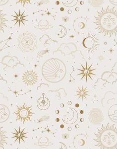 the sun, moon and stars are all drawn in gold on white paper with black ink