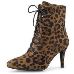 Cute and comfy faux, suede pointed toe ankle bootie! Lace up and stiletto heel for everyday wear, great with jeans and dresses. Lace Up Ankle Boots; Side Zipper Closure; Stiletto Heel; Pointed Toe; Vamp: Faux Suede; Outsole: Rubber; Heel: ABS. Size: 7. Color: leopard. Gender: female. Age Group: adult. Pattern: Leopards. Western Dress With Boots, Boots Leopard, Leopard Ankle Boots, Black And Gold Bathroom, Womens Tall Boots, Autumn Winter 2024, Womens Stilettos, Closed Toe Shoes, Heel Ankle Boots