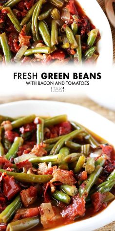 fresh green beans with bacon and tomatoes in a white bowl on a wooden table top