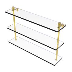 three tiered glass shelf with gold metal handles and two shelves on each side,