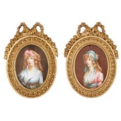 two miniature paintings of women in gold frames