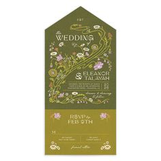 a wedding card with flowers and vines on the front, in green and yellow colors