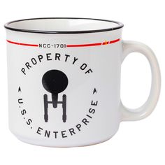 a white coffee mug with a black and red stripe around the bottom that says property of star wars enterprise