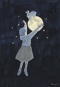 a drawing of a girl reaching up to the moon