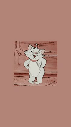 an animated cat standing in front of a wooden bench with its mouth open and tongue out