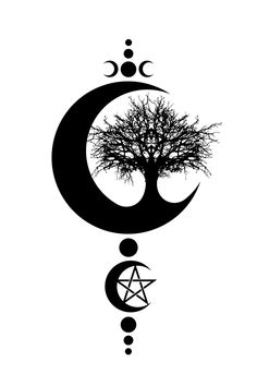 the moon and tree with three phases in it, as well as an inverted symbol