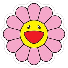 a pink and yellow flower with a smiley face on it's center, in a circle