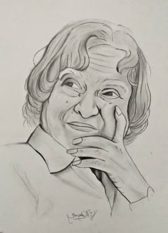 a pencil drawing of a woman with her hand on her chin and looking at the camera