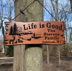 a wooden sign hanging from the side of a tree