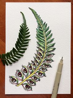 a drawing of a fern leaf with eyes drawn on it and a marker next to it