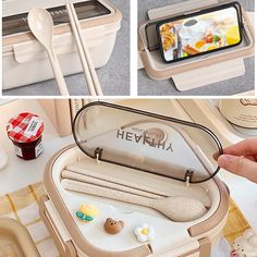 there are pictures of different items in the case and one is holding a spoon with food inside