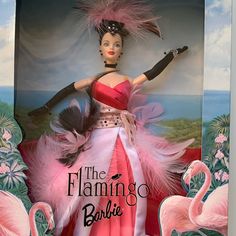 a barbie doll in a pink dress with flamingos around her and the caption that says, the flamingo barbie