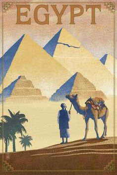 an egyptian poster shows a man with a camel in front of the pyramids and palm trees