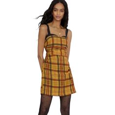 Anthropologie Let Me Be Me Yellow Plaid Lined Straps Mini Dress Size Xl - 100% Cotton - Plaid Yellow, Black, Red - Mini Dress -Ruched At The Waist And At The Sides - Side Zip - Hand Wash - Fully Lined Armpit To Armpit - 21 Inches Waist - 36 Inches Shoulder Strap To Hem - 37 Inches Yellow Mini Dress For Casual Wear, Yellow Knee-length Mini Dress For Casual Wear, Chic Mustard Mini Dress, Mustard Sundress Mini Dress, Sleeveless Mustard Mini Dress For Day Out, Yellow Knee-length Mini Dress, Casual Mustard Dress For Fall, Casual Yellow Fall Dress, Mustard Casual Dress For Fall