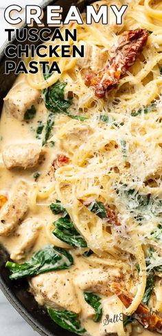 creamy tuscan chicken pasta with spinach and sun dried tomatoes in a skillet