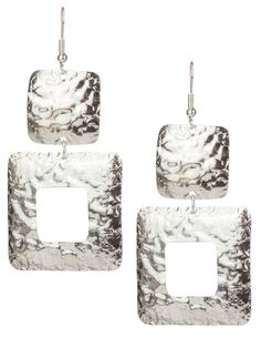 three square shaped silver metal earrings on a white background with clippings to the side